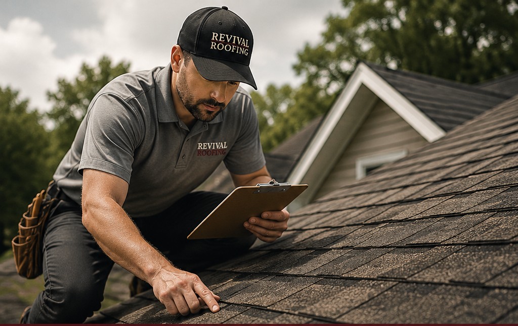 roofing contractor inspecting asphalt roof