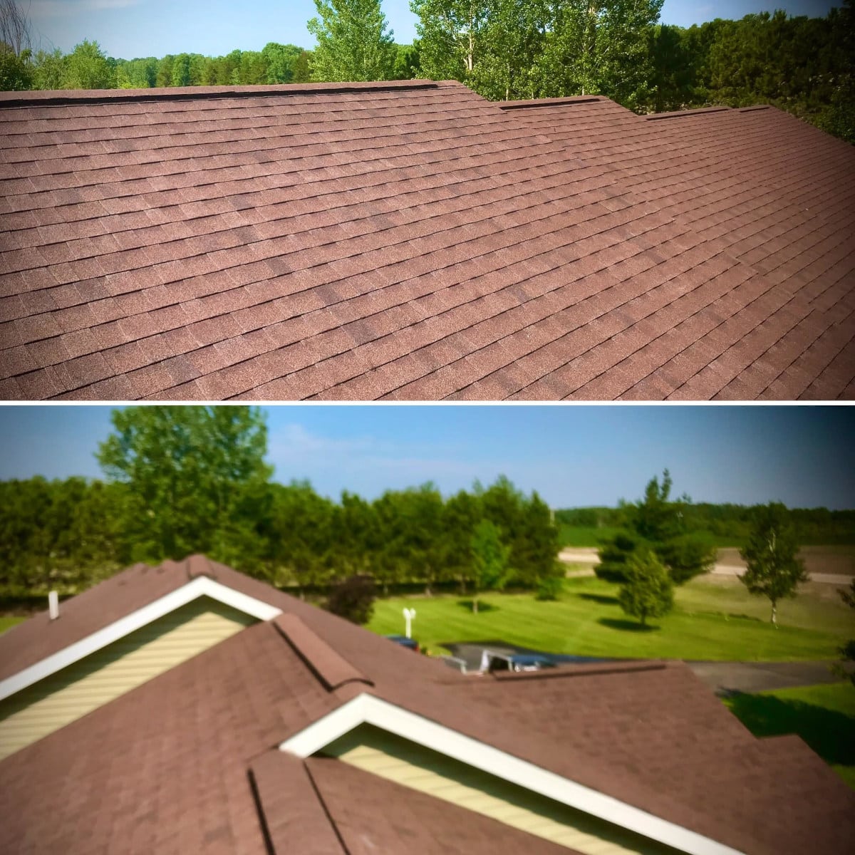 Residential roof completed with red architectural asphalt shingles