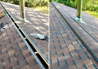 Asphalt shingles roof work before and after photos of attic ventilation and chimney flashing
