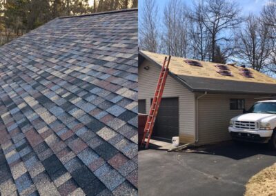Roof replacement before and after photos of multi colored architectural shingles