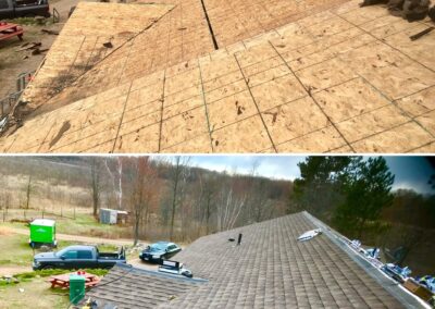 Residential roof replacement before and after photos showing decking and finished roof