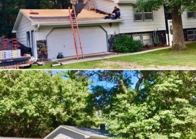 Residential asphalt shingles roof replacement before and after photos of project with garage