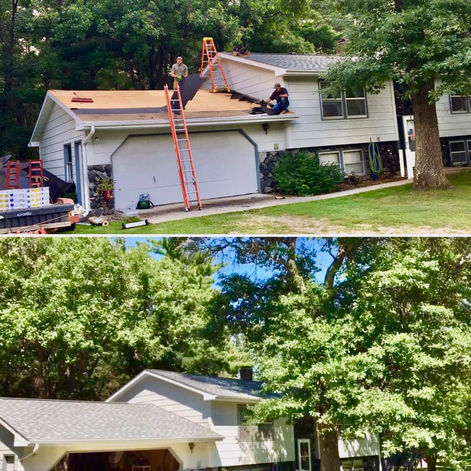 Residential asphalt shingles roof replacement before and after photos of project with garage