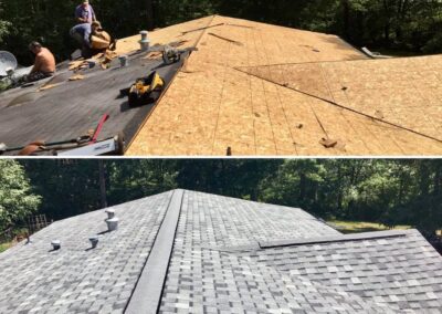 Residential roof replacement with 2 before and after photos showing decking underlayment and finished asphalt shingles