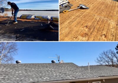 Roof replacement job with 3 before and after photos showing decking underlayment and finished asphalt roof