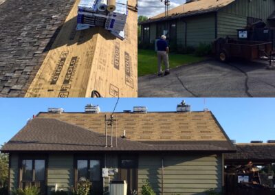 Residential asphalt shingles roof replacement with 3 before and after photos of project