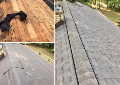 Residential roof replacement with 3 before and after photos showing decking underlayment and finished roof