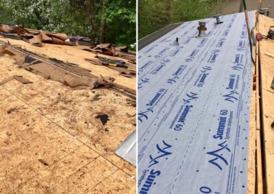 2 photos of roof replacement decking and underlayment before installing new shingles