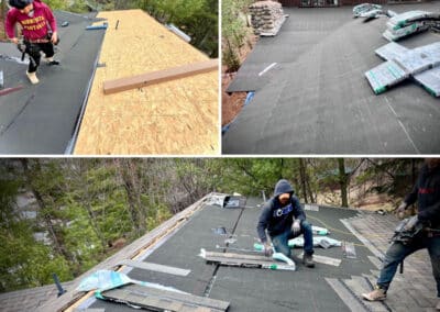 3 photos of asphalt shingles roof replacement project showing work in progress