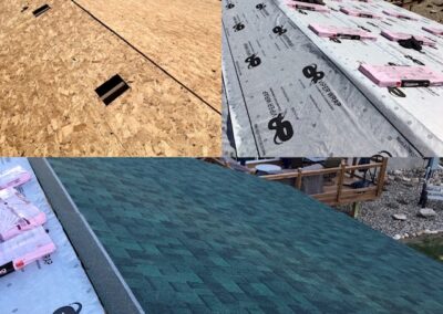 Roof replacement job with 3 before and after photos showing decking underlayment and green asphalt shingles