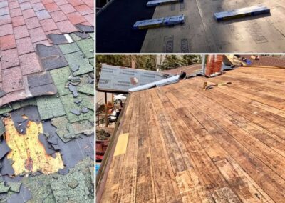 3 photos of roof replacement work in progress showing decking and underlayment