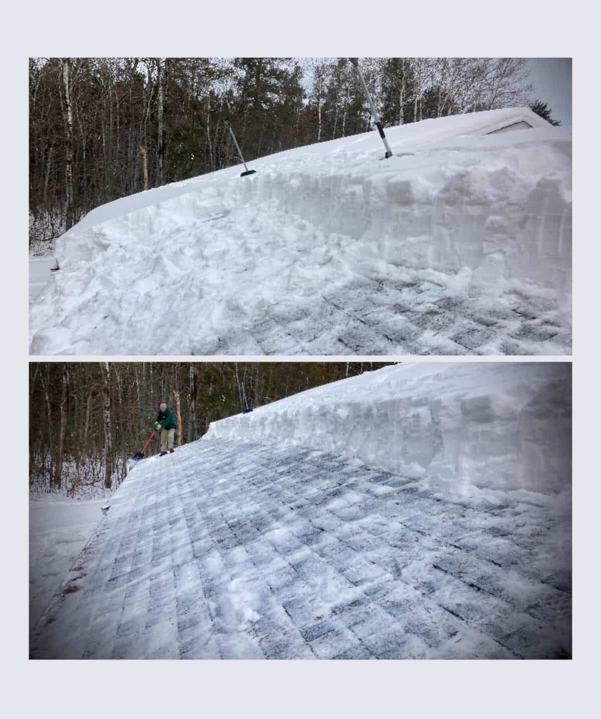 Roof snow removal due to heavy snow buildup on home