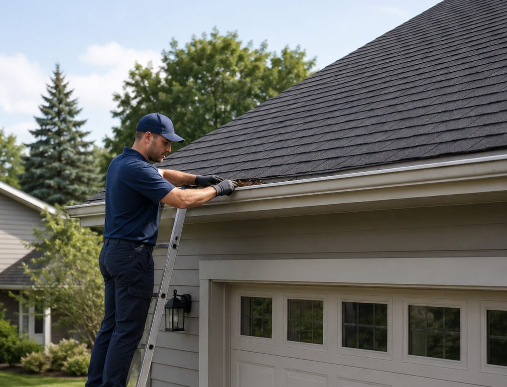 Roofer doing gutter clearing maintenance